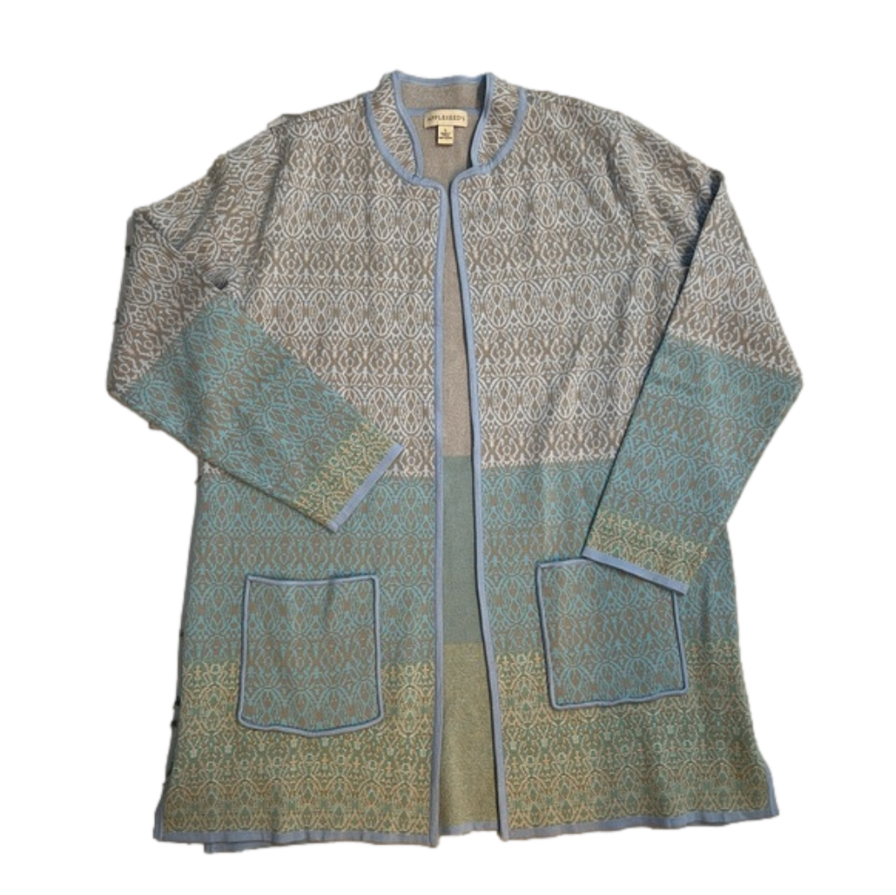 Appleseed’s heavyweight knit long open cardigan, pastel blue/gray, NWOT size L